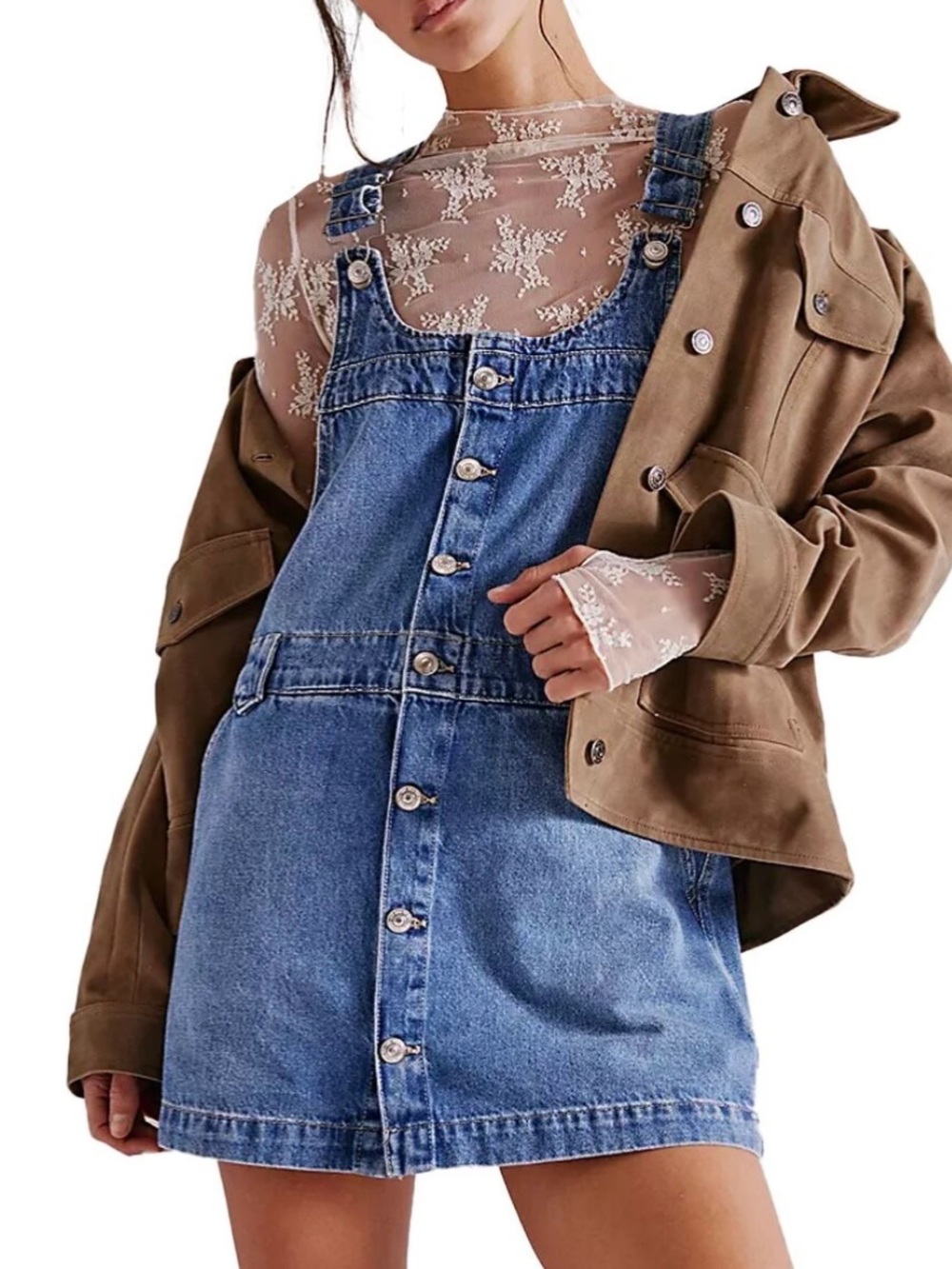 We The Free Edie Denim Skirtall Size Large Medium Blue Wash Cotton Overall Dress - Picture 1 of 9